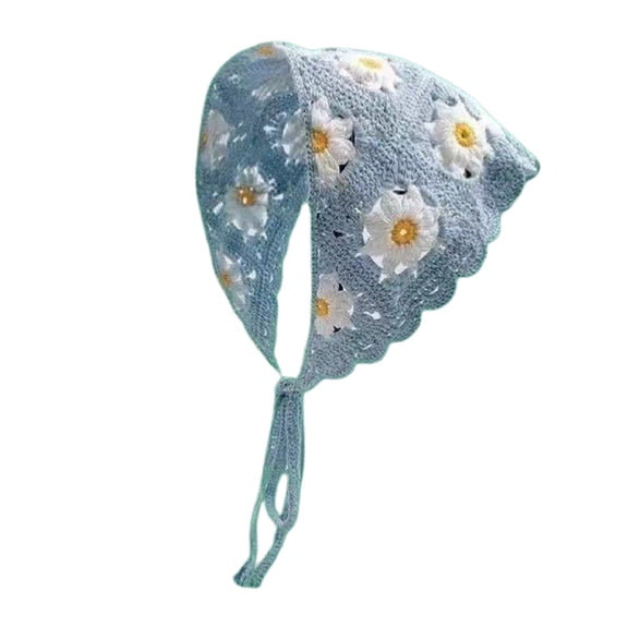 Wuphunn Vintage Crochet Triangle Headscarf, Floral Knitted Adjustable Tie Back Head Kerchief, Lightweight Sky Blue One Size