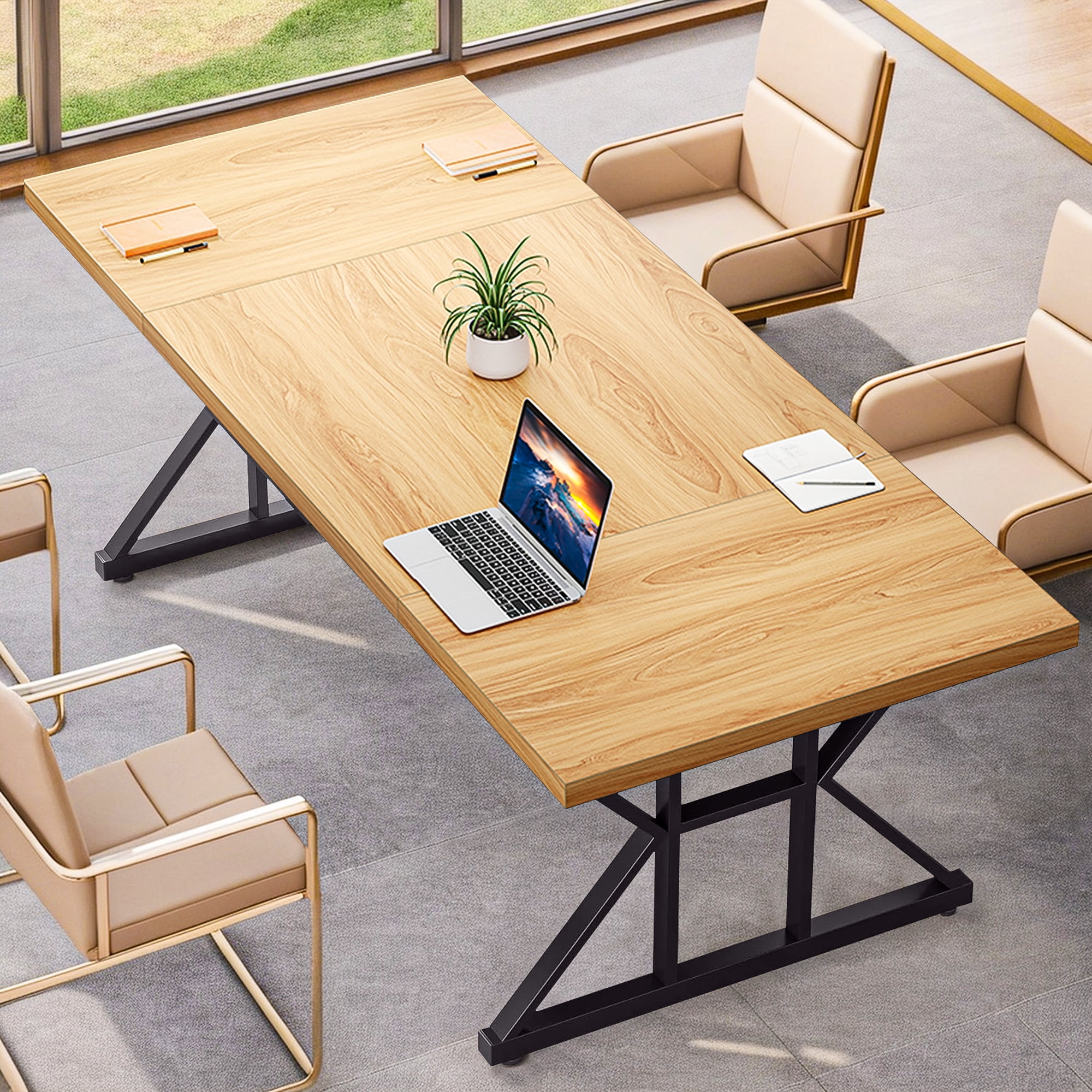 Demi Bonn 70" Large Executive Computer Desk with Metal Frame, Modern Duty Study Writing Gaming Table for Home Office, Rectangle Conference Table, Brown & Black