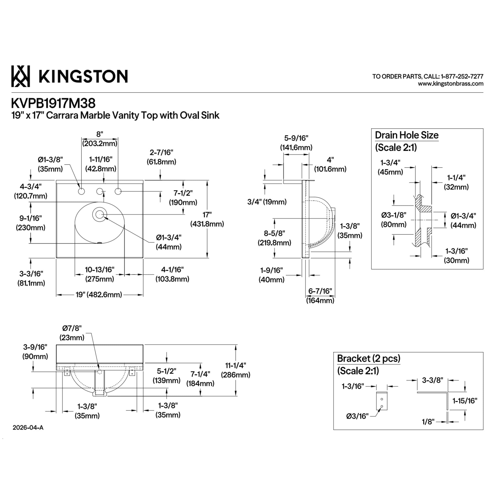 Kingston Brass KVPB1917M38 Fredrickson 19-Inch Carrara Marble Vanity Sink Top (8" Faucet Drillings) in Carrara White