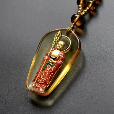 Gold Painted Ksitigarbha Pendant Necklace Buddhist Guardian Robe Protector Amulet Unisex Jewelry for Men or Women Wear