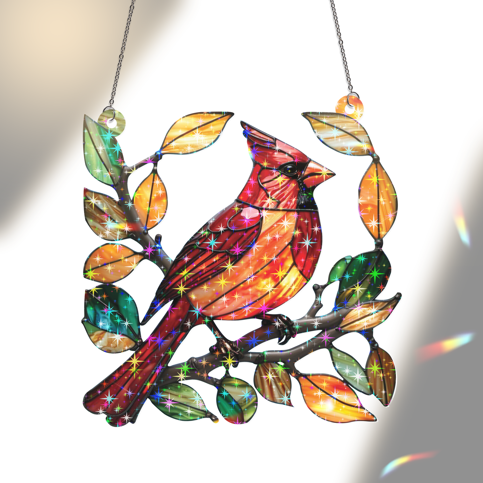 89Bloom Cardinal Stained Glass Hologram Ornament, Stained Glass Suncatcher Ornaments Home Decor, Holographic Ornaments