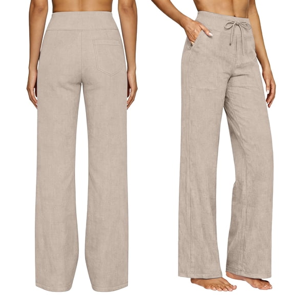 Women's Pants Summer Casual Linen Blend Lightweight Summer Wide Leg With Pockets Trousers Linen Pants Women Beige L