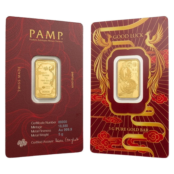 5 Gram PAMP Suisse Good Luck Phoenix Gold Bar .9999 Fine (in Assay)