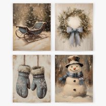 Hieng Christmas Wall Decor, Vintage Christmas Snowman Wreath Xmas Wall Art Prints Set of 4, Vintage Christmas Decor, Farmhouse Christmas Decor, Christmas Wall Decor for Home Unframed