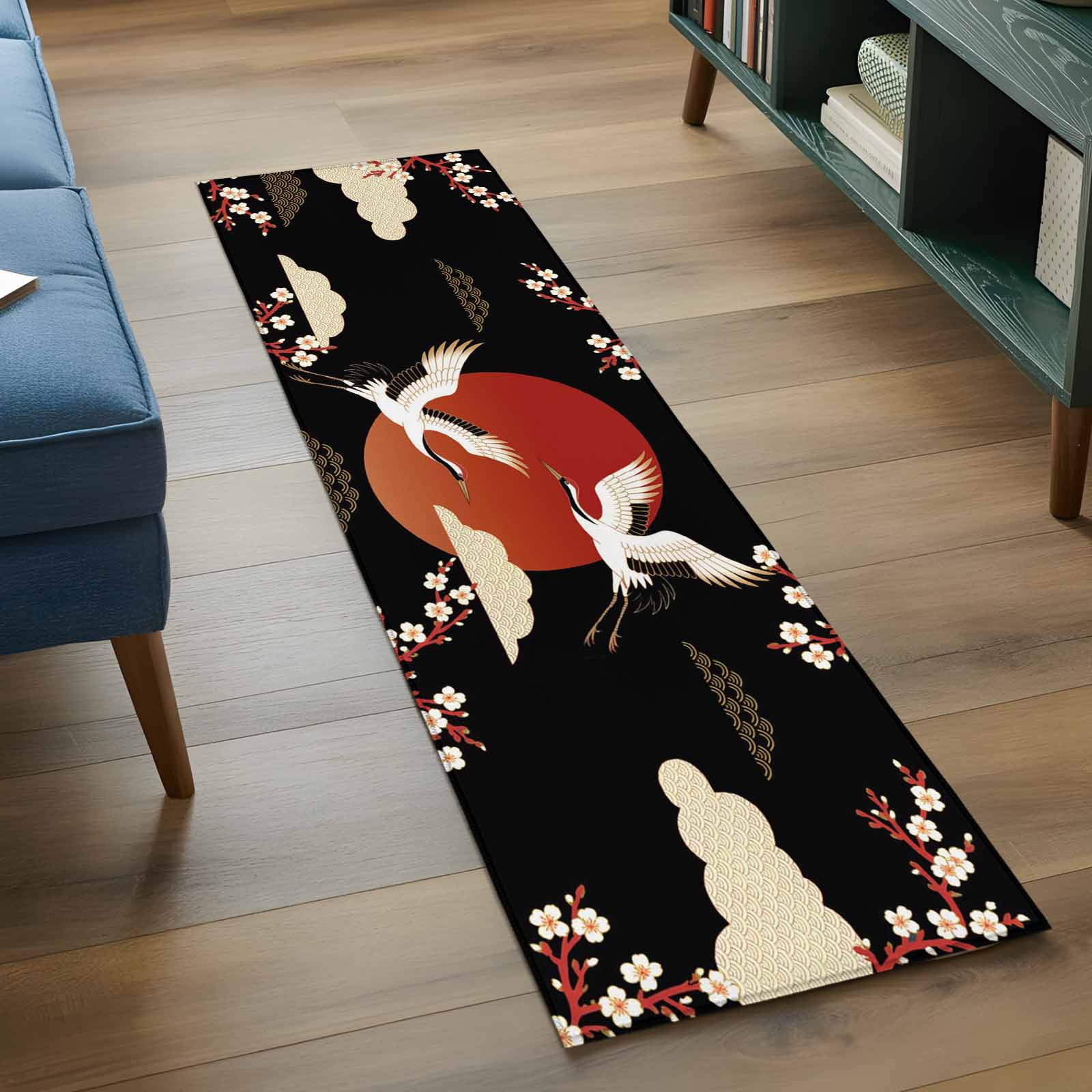 Japanese Style Area Rugs Collection 2'x6', Modern Cranes Cherry Flower Wave Red Brown Non Slip Indoor Rectangle Throw Runner Rug Floor Mat Carpet for Living Room Dining Table Bedroom Nursery