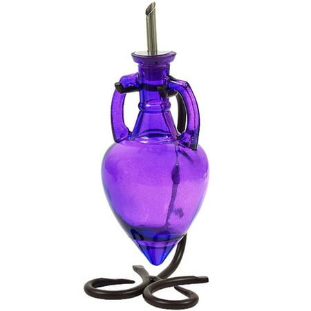 Soap Dispenser, Oil and Vinegar Dispenser Cruet, Glass Soap Caddy G44M Purple Amphora Style Glass Bottle. Glass Bottle with Stainless Steel Pour Spout, Cork and Powder Coated Black Metal Stand