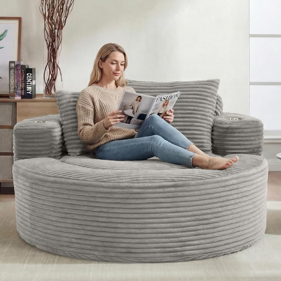Light Grey Oversized Round Chaise Lounge Chair, 55.5 Corduroy Cloud Sofa,Light Grey