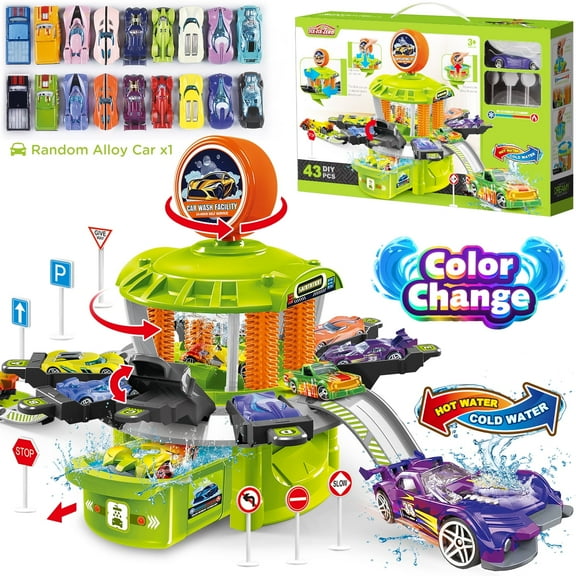 Huge Wave Kids Track Car Wash Toys Set, Toddler Color Change Race Cars with Parking, Christmas Birthday Gift for Boys and Girls Aged 4-9
