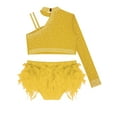 thumbnail image 4 of Doomiva Kids Girls Shiny Rhinestone Modern Latin Dance Crop Tops and Feather Skirted Briefs Set Competition Dancewear Yellow 8, 4 of 5