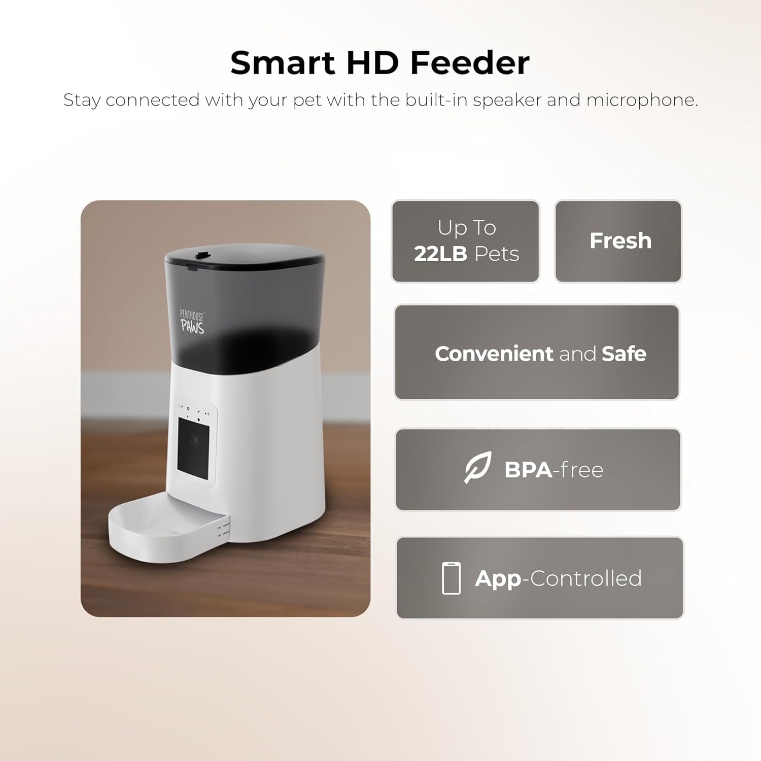 Penthouse Paws® Automatic Pet Food Feeder, 6L Capacity, LCD Panel, Voice Recording, Twist-Lock Seal, Backup Power, 15 Meals/Day, White, for Cat & Dog