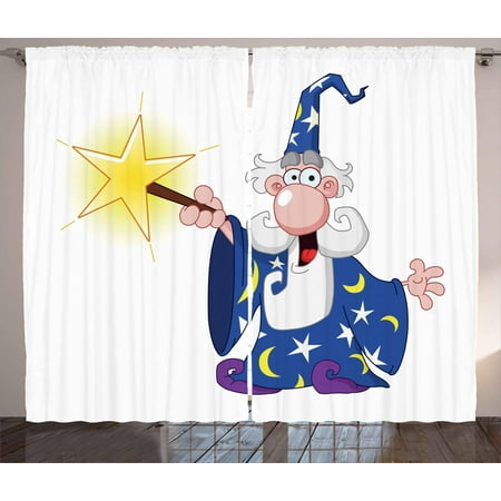 Wizard Curtains 2 Panels Set, Medieval Ancient Mage with a Crazy Face Expression Creating a Powerful Spell Clipart, Window Drapes for Living Room Bedroom, 108W X 63L Inches, Multicolor, by