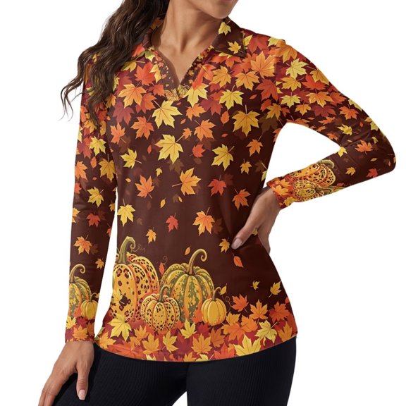 Jeiento Women's Golf Shirts, Moisture Wicking, Autumn Maple Pumpkin Casual Tops, Long Sleeve V Neck Quick Dry Sweat Resistant Top for Gym, Yoga and Outdoor Travel