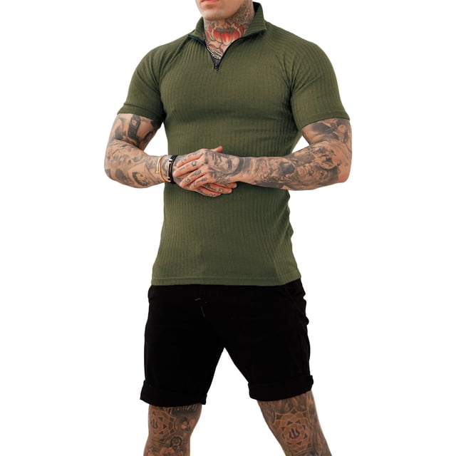 Camisa musculosa de manga corta para hombre, ajustada, con cremallera de un cuarto, color puro, cuello vuelto, camisa elástica con cremallera OD Verde M