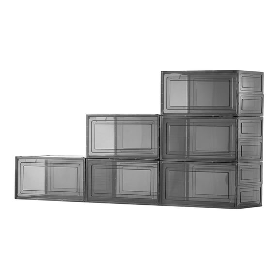 KFFKFF Set of 6 Clear Stackable Shoe Storage Boxes with Magnetic Doors, Fits Up to US Size 13, Plastic Organizers for Sneakers, High Heels, Boots, and Hats, Transparent Black