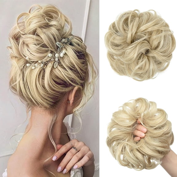 Iridescent Wavy Curly Messy Bun Hair Piece, Synthetic Chignon Ponytail Hair Extensions with Elastic Band Scrunchie, Fluffy Thick Updo Hairpieces for Women Daily & Party Styles