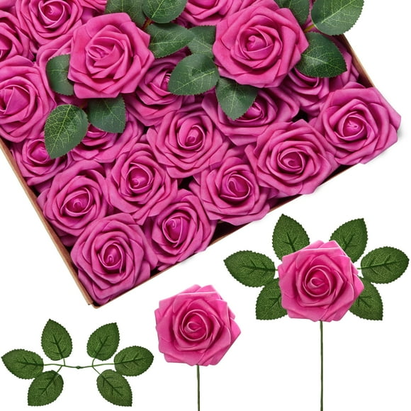 Flores artificiales InnoGear, espuma de rosas fucsias, 50 unidades, con tallos
