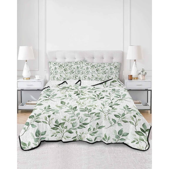 Quilts Twin XL Size, Sage Green Leaf Soft Comforter Bedding Set for Bed, Country Eucalyptus Nature Plant Branch Lightweight Quilted Bedspread with Pillow Cover(2 Pieces) for All Season, 68x98 Inch