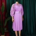 thumbnail image 3 of AURA Womens Elegant Lace Hollow Out Pleated Midi Dress High Waist Belted 3 4 Lantern Sleeve, 3 of 9
