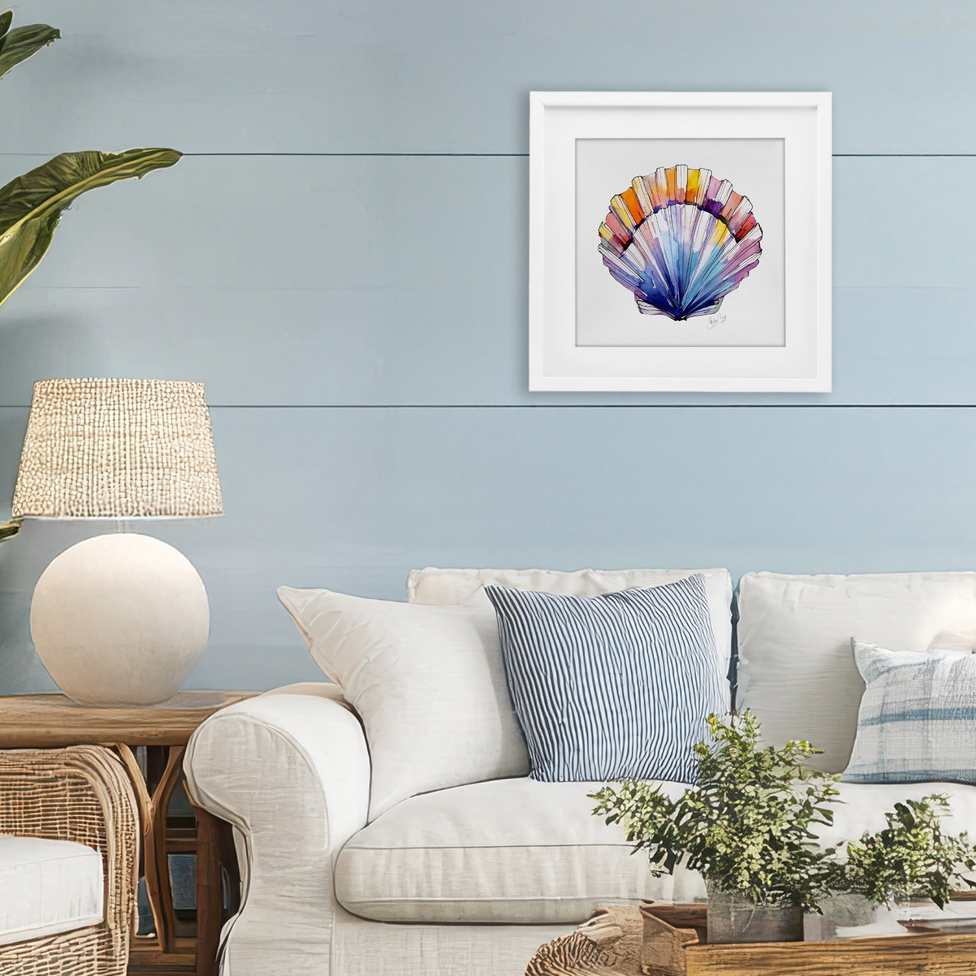 Stupell Industries Coastal Scallop Watercolor White Framed Print Under Glass, design by Shelly Craig