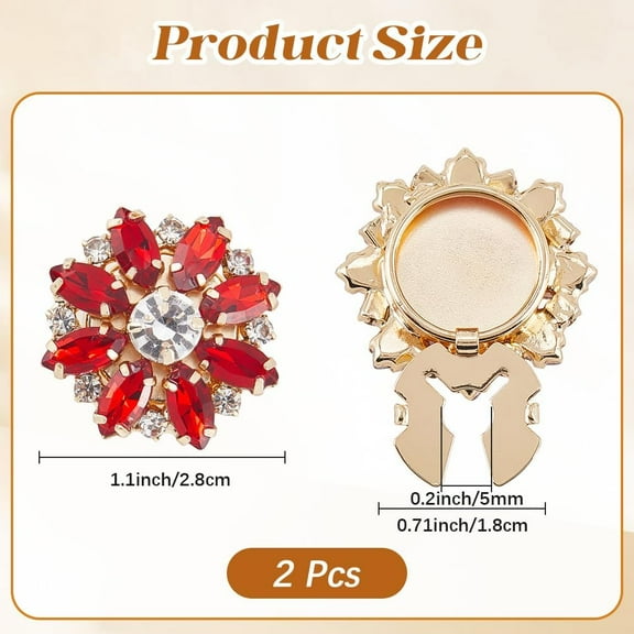2PCS Rhinestone Button Covers Red Detachable Clip-On Decorative Buttons Jewelry for Women Men Blouses Clothing DIY Holiday Decoration Embellishments