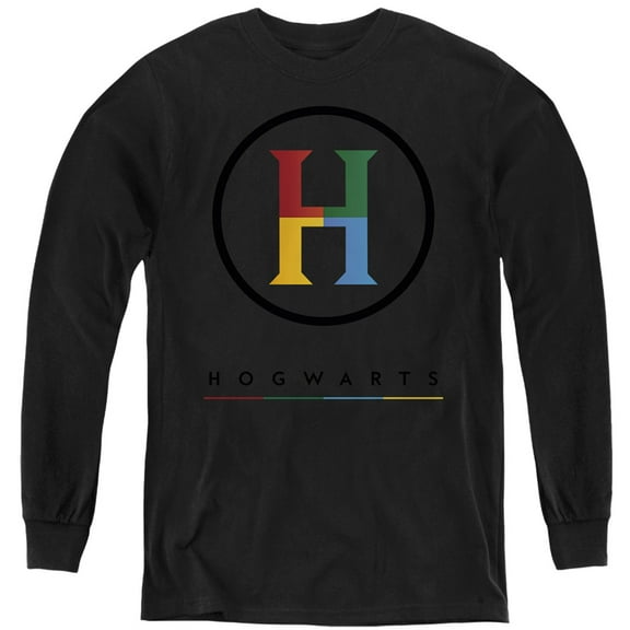 Harry Potter Hogwarts Four Colored 'H' Logo Kids Long Sleeve T Shirt (X-Large) for Youth Boys and Girls, Black