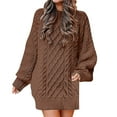 thumbnail image 2 of Leesechin Womens Fall Sweater Dresses Casual Oversized Cable Knit Chunky Pullover Crewneck Long Sleeve Short Sweater Dress Brown, 2 of 8