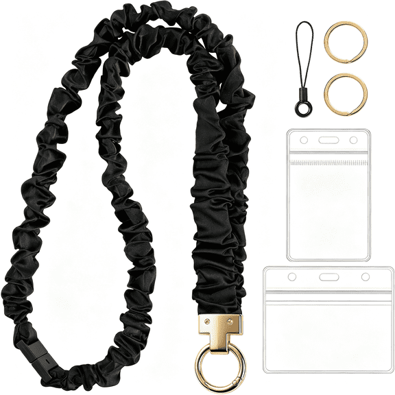 XIBUFE Breakaway Scrunchie Lanyard for Id Badges & Keys,Black | Soft Polyester Satin,Stretch Fit Up to 30 In,Quick-Access Clasp,Comfortable for Teachers,Nurses,Students,Staff