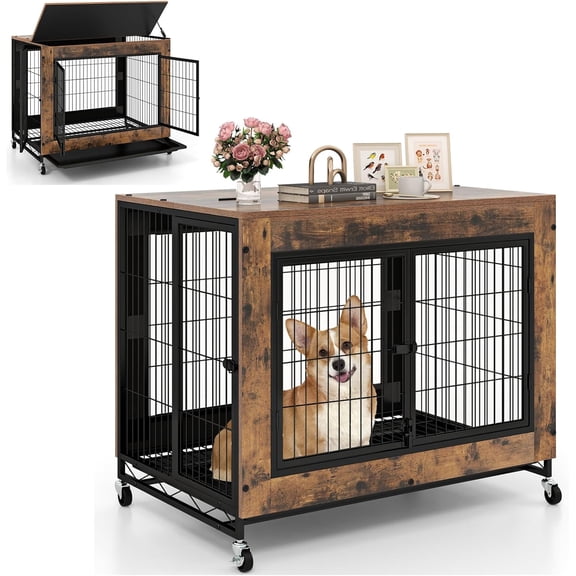 Dog Crate Furniture with Wheels, 38” Modern Dog Cage with 3 Doors, Flip Top Lid, Removable Pull-Out Tray, Decorative Dog Kennel Indoor Pet House End Table for Medium & Large Dogs (Brown)