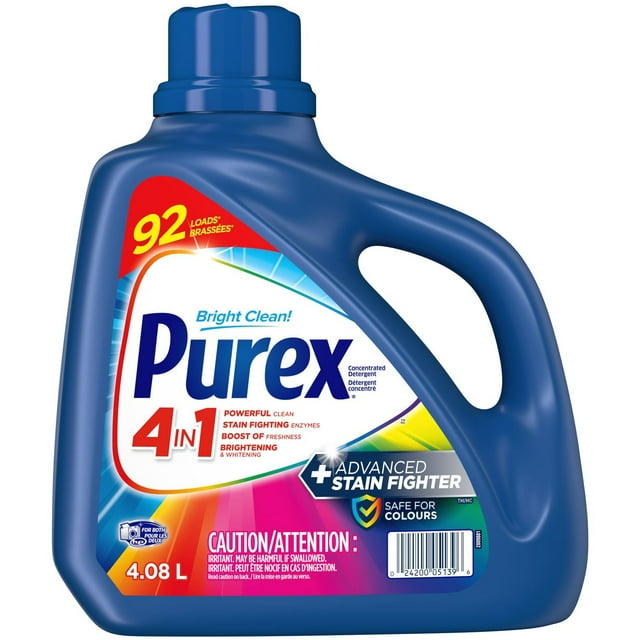 Purex 4 in 1 Concentrated Liquid Laundry Detergent, Advanced Stain Fighter, 4.08 L, 92 loads, blue plastic jug with handle and screw cap, label highlighting stain fighting enzymes, safe for colours, and caution warning. Suitable for brightening and whitening laundry.