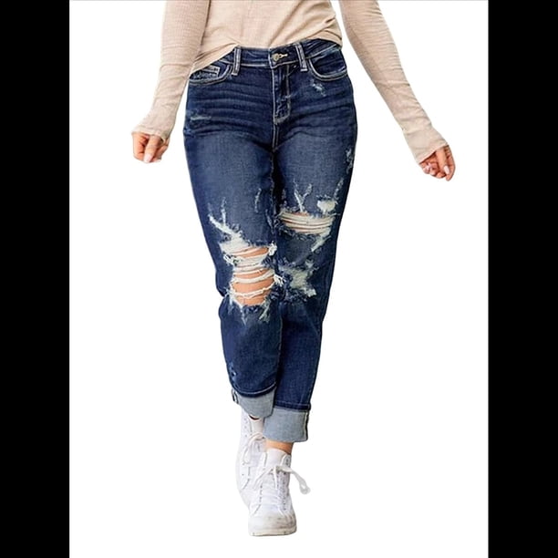 Pantalones Vaqueros Boyfriend de Tiro Medio Rotos para Mujer, Holgados, Desgastados y Elásticos Azul Oscuro XXL