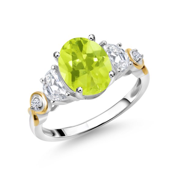 Gem Stone King 925 Silver and 10K Yellow Gold 3-Stone Ring Oval Yellow Lemon Quartz and Moissanite (2.15 Cttw, Size 7)