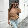 thumbnail image 5 of SGMVNU Women's Fall 2025 Wrap V Neck Long Batwing Sleeve Belted Waist Ruffle Knitted Sweater Pullover Top Fashion Fall Outfit Yellow, Size S, 5 of 9