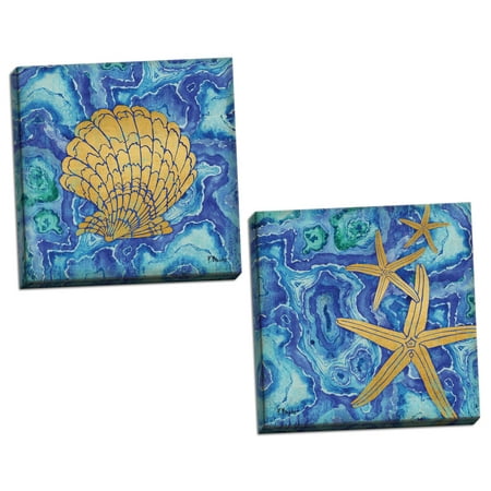Gango Home Decor Coastal Blue, Teal & Gold Beach Decor | Agate Shell & Starfish by Paul Brent (Ready to Hang); Two 12x12in Hand-Stretched (Best Agate Beaches Wisconsin)