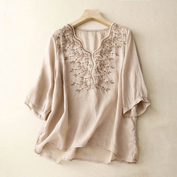 Fiudx Ofertas Relámpago Blusa Irregular de Algodón con Cuello En V y Manga Corta Informal para Mujer a La Moda