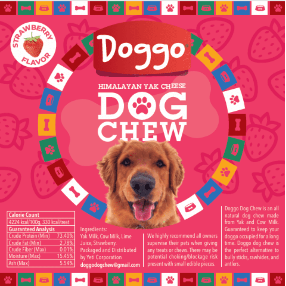 Doggo Dog Chew Natural Strawberry Flavor Yak Chews for Dogs, Long-Lasting, Large, 1 Pound, 5 Pieces