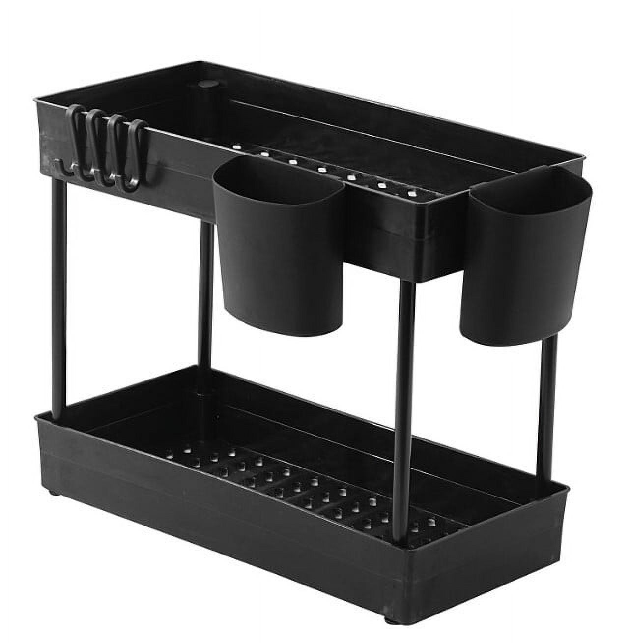 Under Sink Organizer, Under Bathroom Cabinet Storage 2 Tier Under Sink Storage Rack with 4 Hooks+2 Hanging Cup, Under Cabinet Organizer Baskets, Multi-purpose Under Sink Shelf Organizer,Black