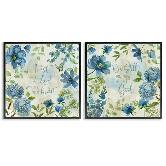 Stupell Industries Trust Be Still Blue Hydrangea Religious & Spiritual Painting Black Framed Art Print Wall Art, 12 x 12, Set of 2