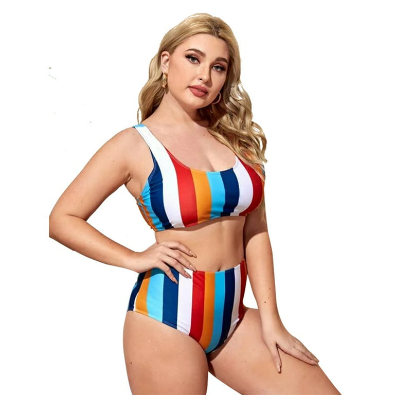 Plus Rainbow Striped Bikini Swimsuit