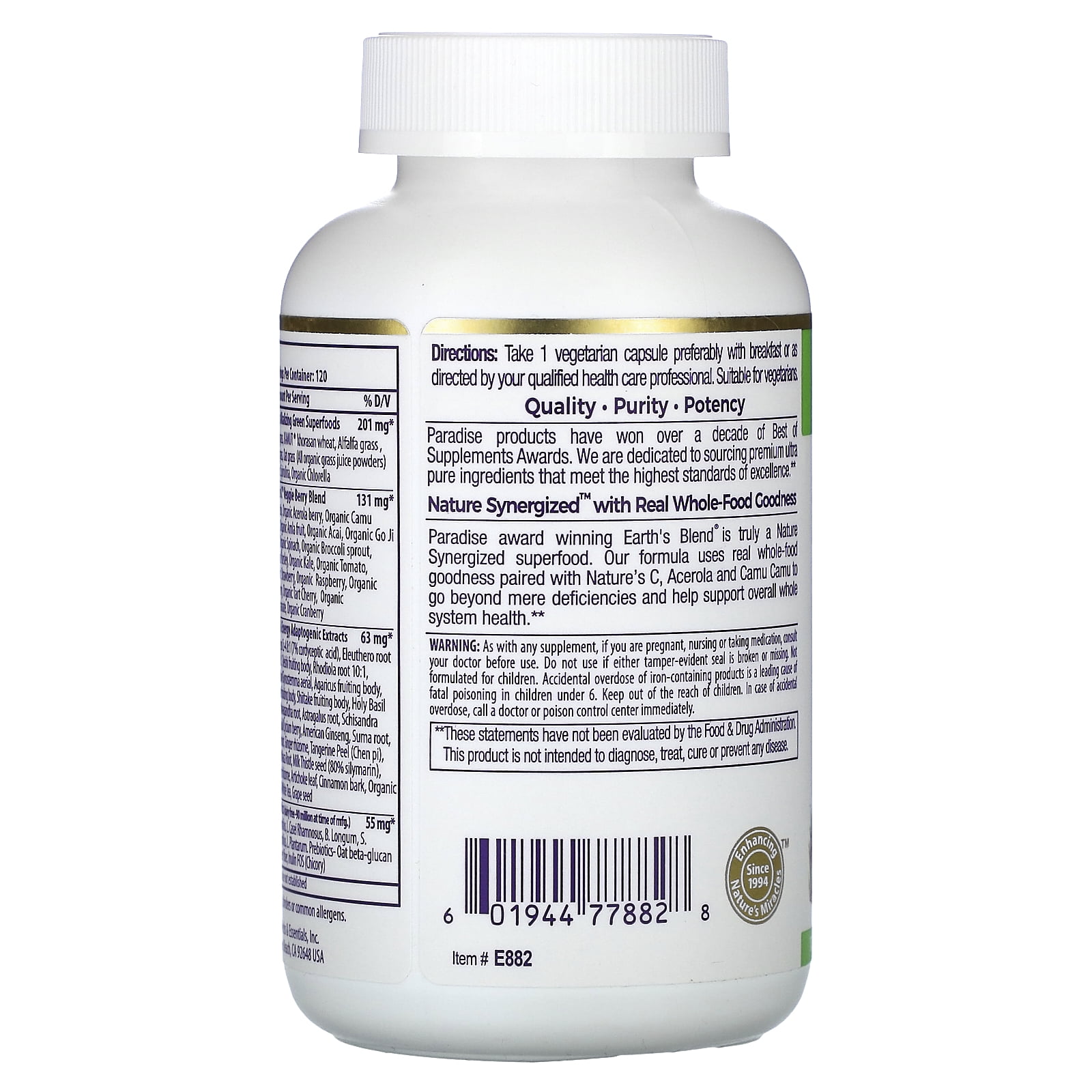 Paradise Herbs Earth's Blend, One Daily Superfood Multi-Vitamin with Iron, 120 Vegetarian Capsules