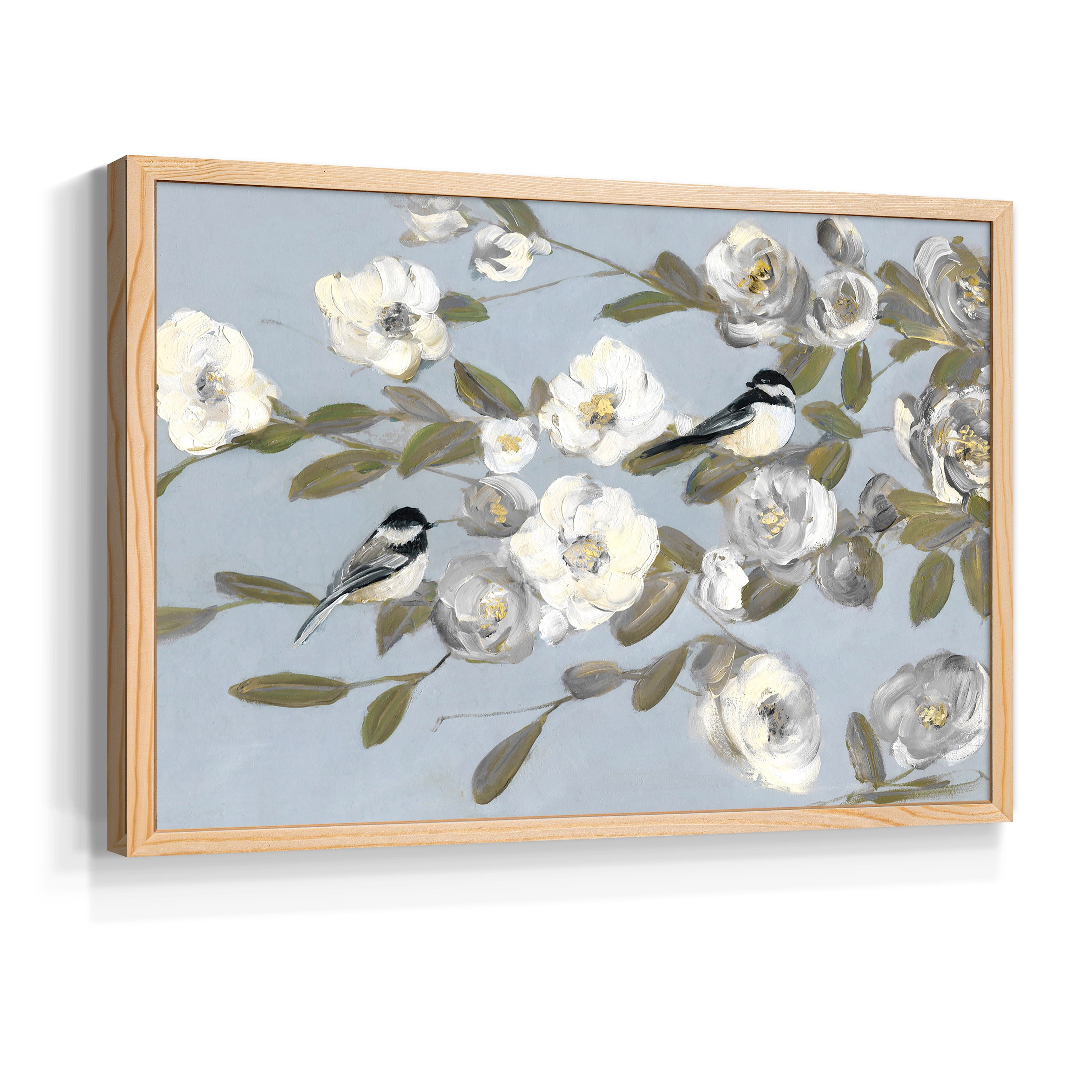 Chickadees and Blossoms I by Sally Swatland - Restickable Framed Giclée Print