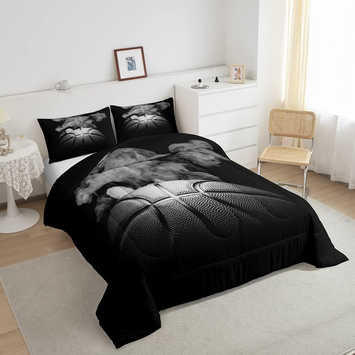 Basketball Comforter Set Teen Full Size Sports Basketball Bedding Set Basketball Room Decor Reversible Black Down Comforter Grey Hippie Smoke Quilt Duvet Insert 2 Pillow Case