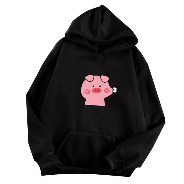 Casual Hoodie Sweatshirt Autumn Winter Stylish Cute Pig Printed Pocket Men Women Long Sleeve Drawstring Pullover Black 3XL Walmart