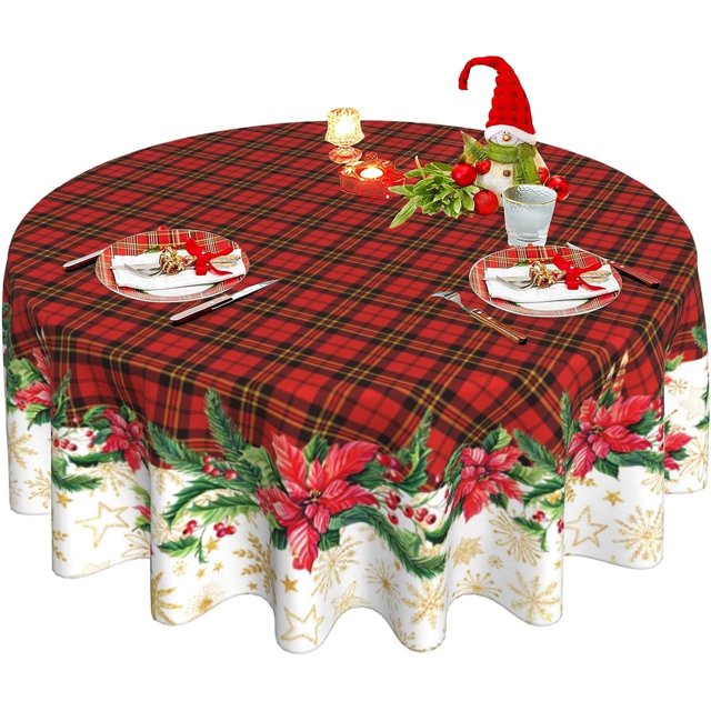 Nappe de Noël Xmas Rouge à Carreaux Buffalo, Nappe Lavable Réutilisable Ronde de Noël 60 Pouces pour Décoration de Table de Maison, Fête, Souper, Cuisine, Salle à Manger