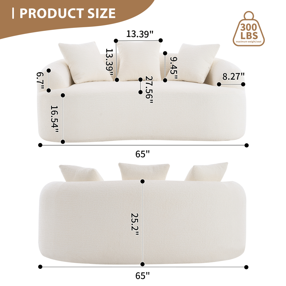 Curved Loveseat - 30D Chenille Sofa with Full Compression Sponge, 65"L 300 lbs Capacity, 3 Pillows No Assembly for Small Spaces & Apartments,Off-White