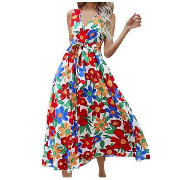 Wycnly Womens Dresses Sleeveless V-Neck Floral Print Casaul Long Summer Dress Tie Waist Flowy Swing Beach Holiday Tank Sun Dresses Red S Clothes