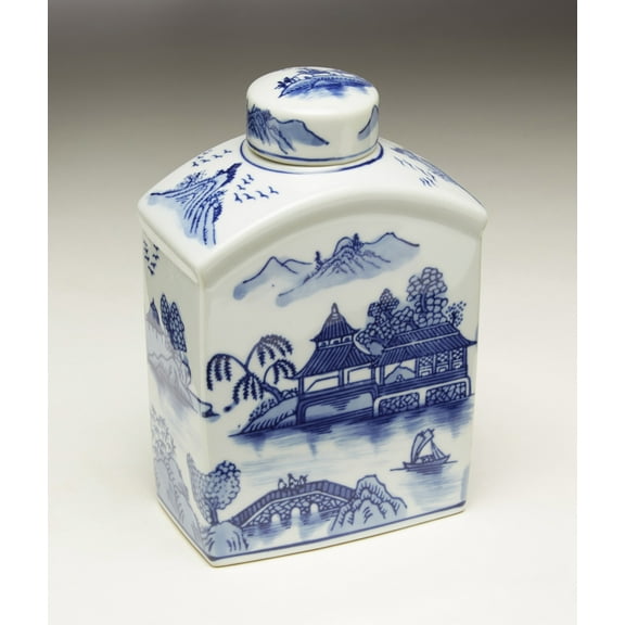 Zeckos AA Importing 59788 Blue And White Square Jar With Lid