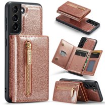 Feishell Detachable Wallet Case for Samsung Galaxy S24, Card Slots Zipper Pocket Magnetic 2 in 1 Phone Cover with Kickstand, Luxury PU Leather Anti-Scratches Shockproof Protective Case, Rosegold