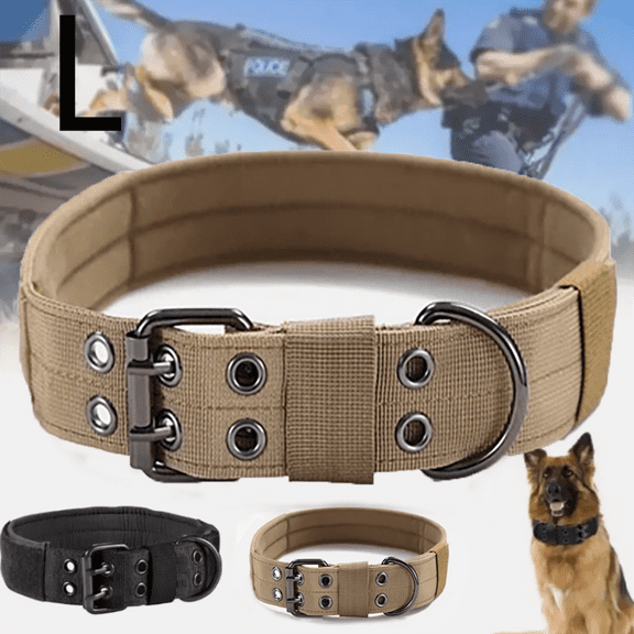 Tactical Dog Collar - Heavy duty military grade nylon, adjustable training collar with metal buckle for small, medium, large dogs. (Khaki, L)
