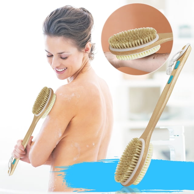 Fiudx Cepillo de Ducha, Mango Ergonómico para La Espalda, Cepillo Corporal con Cerdas Suaves de Nailon, Cepillo Exfoliante Seco de Pelo de Cerdo, Ideal para El Baño, Apto para Personas Mayores, Inclu