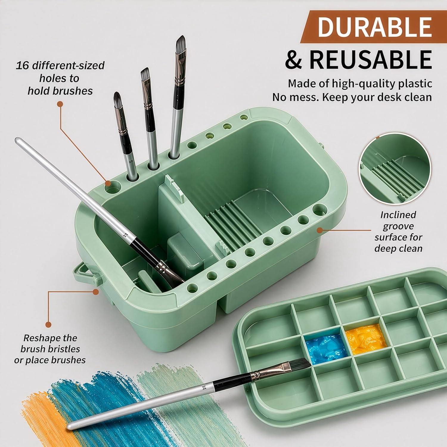3-in-1 Paint Brush Cleaner, Washer, Holder & - Artist Basin with Lid & Sponges for Acrylic, Watercolor, Oil Painting - Art Studio Organizer (Green)